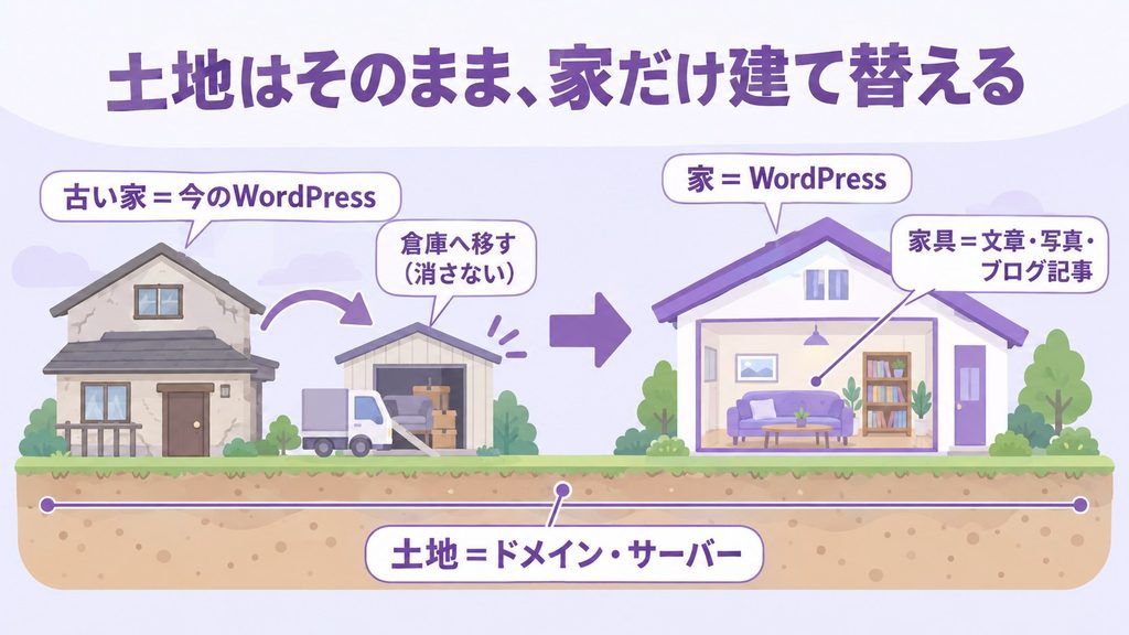 ホームページのリニューアルを引っ越しにたとえた図。土地はドメインとサーバー、家はWordPress、家具は文章や写真